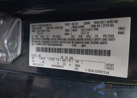 2019 Ford Escape S из США, поврежденный, VIN 1FMCU0F72KUB26292